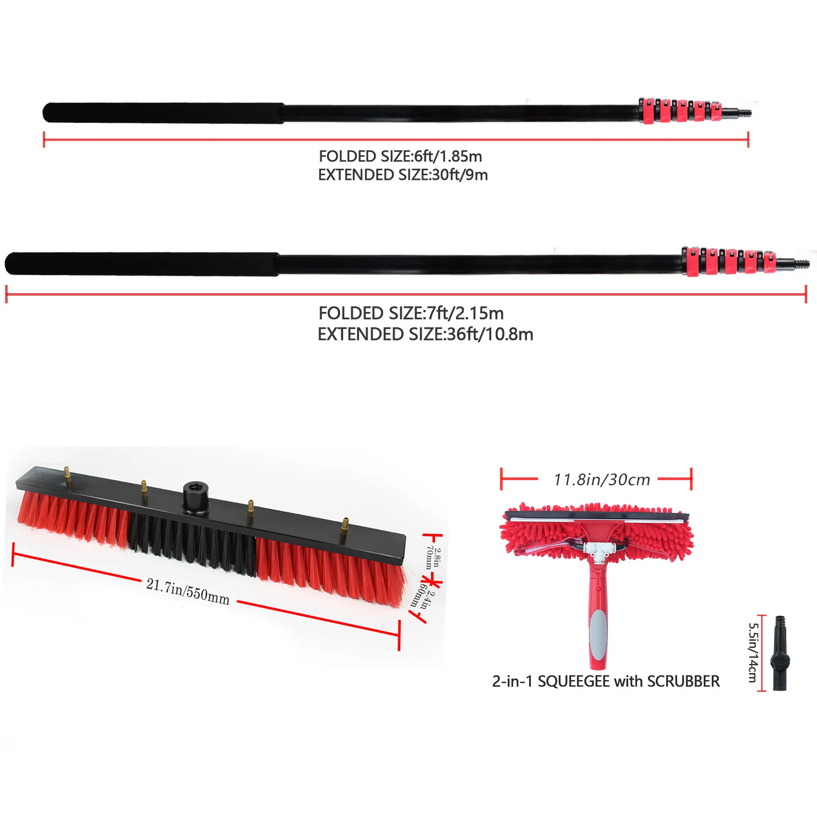 Professional Solar Panel Cleaning Brush Kit with 30/36 ft Telescopic Water Fed Pole System Long Handle Window Squeegee Scraper