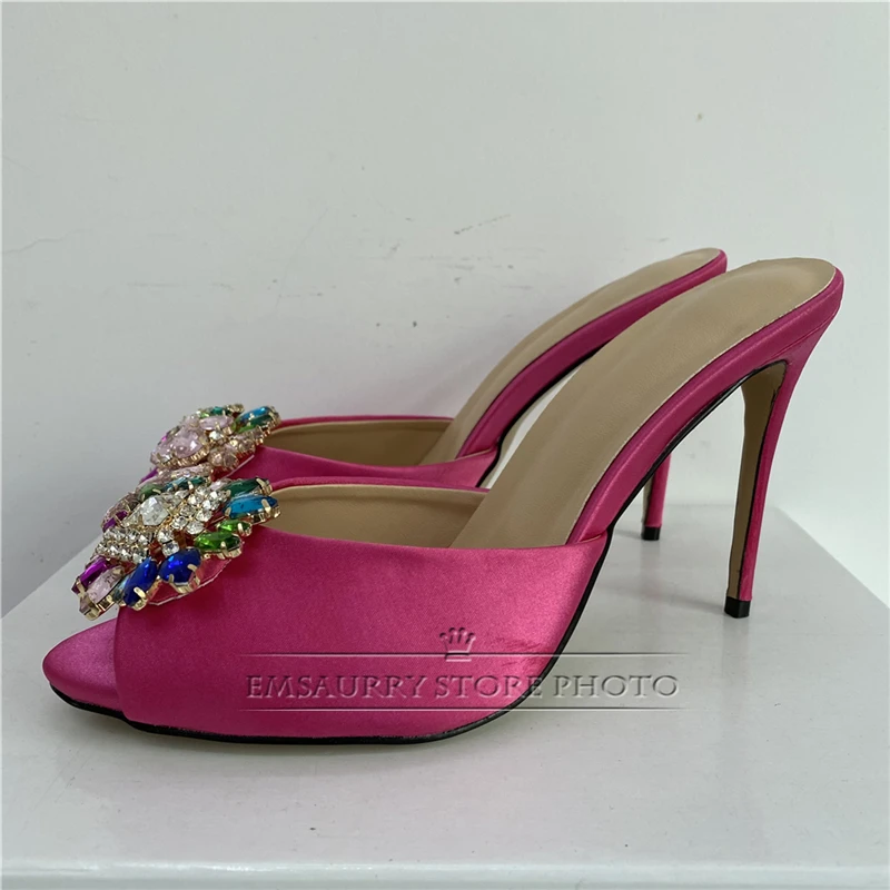 Colorful Rhinestone Flower Buckle Sandals Women 10cm Stiletto Heel Sexy Peep Toe Luxury Satin Slingbacks Summer Mules