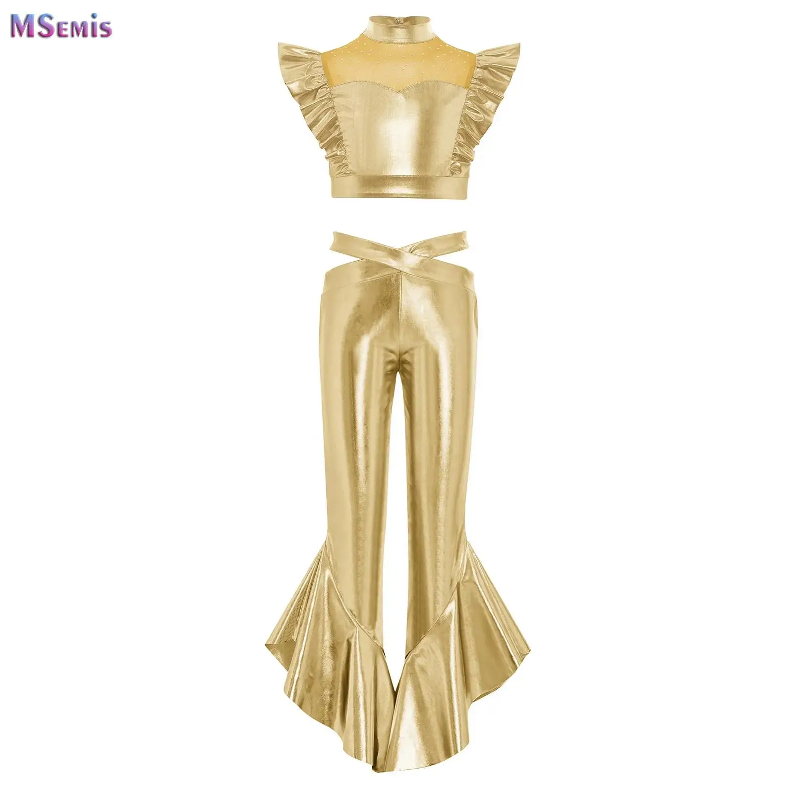 

Kids Girls Glittery Metallic Dance Sets Sleeveless Ruffles Crop Top with Flared Pants for Jazz Hip Hop Performance Costume