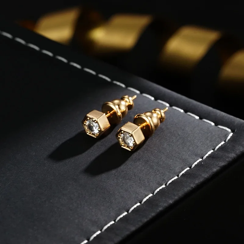 Classic giant shiny French gold hexagon inlaid zircon versatile minimalist daily stud earrings