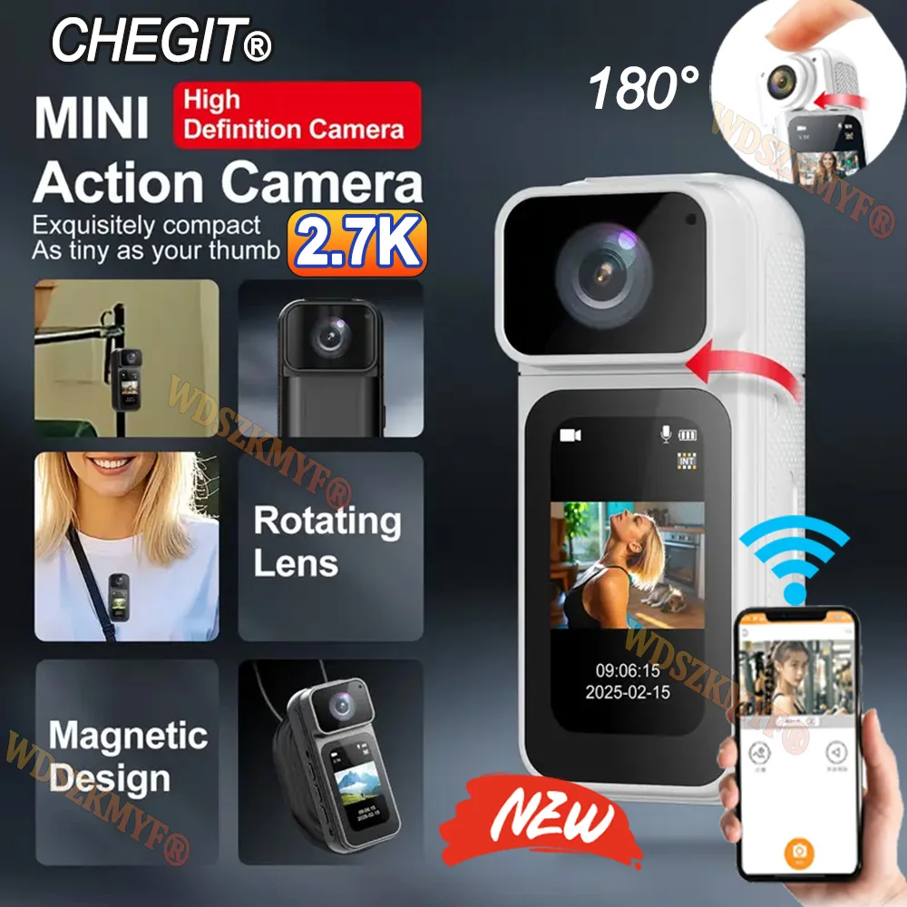 Caméra de sport WIFI 2.7K, vidéo numérique, Mini caméra extérieure avec lanière magnétique 180 ° Enregistreur vidéo portable DV à objectif rotatif