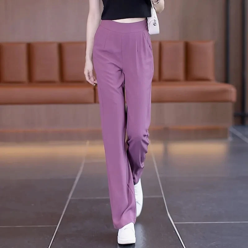 Summer Female Ice Shreds Wide Leg Pants Women Thin Style Loose Fitting Elastic Waist Solid Color Trousers Lady Leisure Pantalons