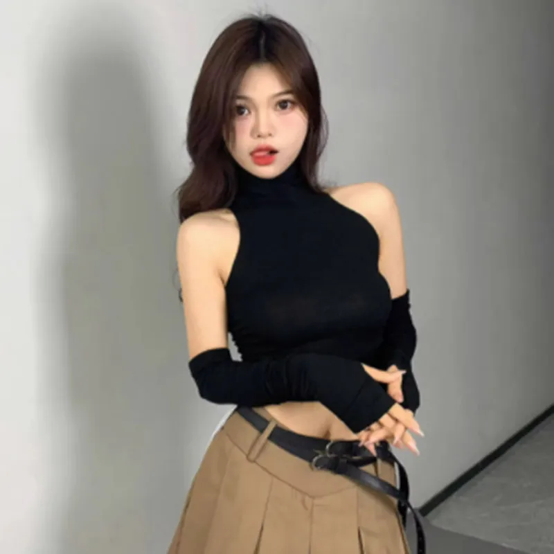 セクシーでスパイシーなショートノースリーブトップ、ハイカラー、プリーツデザイン、袖カバー付き、長袖、スリムフィット、肩出しベースシャツ