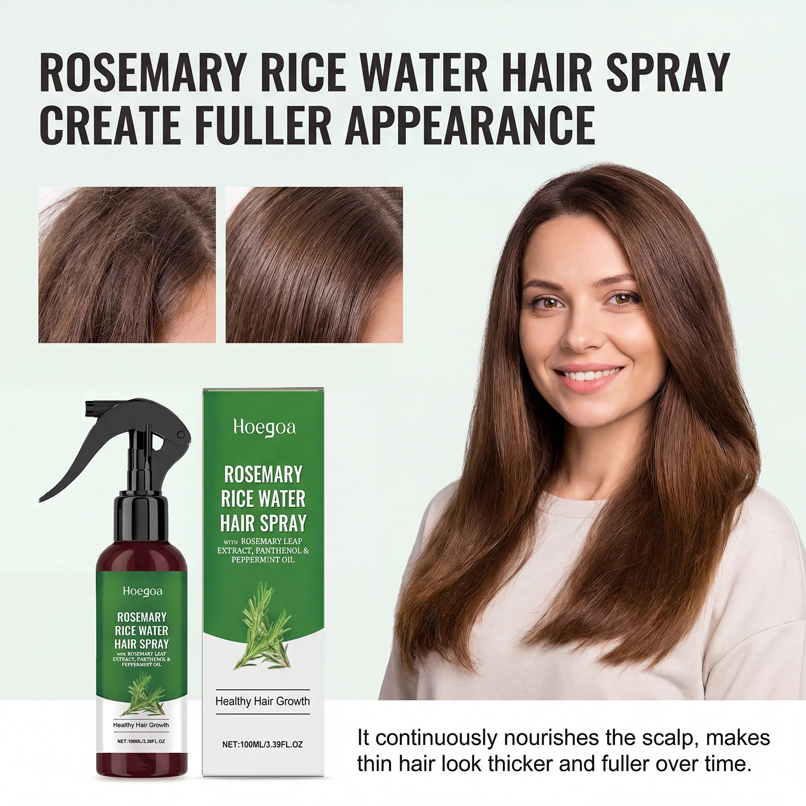 Rosemary & Rice Water Hair Growth Spray Peppermint Strengthening Hair Root Repair Damaged Hair Mild Moisturizing Scalp Treatment