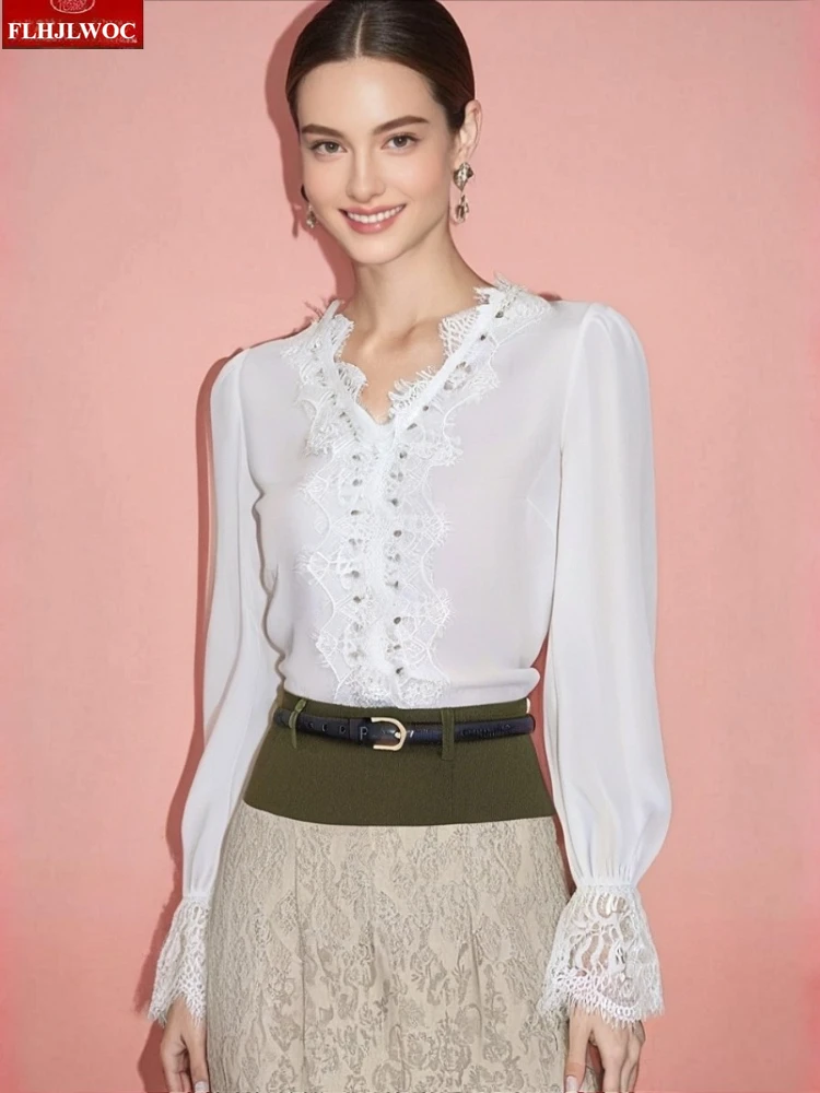 

White Lace Ruffles Tops Blouses New Year Fashion Woman Elegant Flare Sleeve Romantic Bling Beading Office Lady Basics Shirts