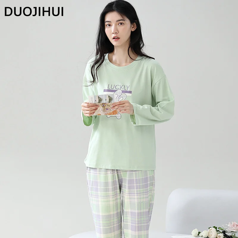 DUOJIHUI Basic O-neck Pullover Loose Pant Casual Pajamas for Women Autumn New Classic Contrast Color Fashion Female Pajamas Set