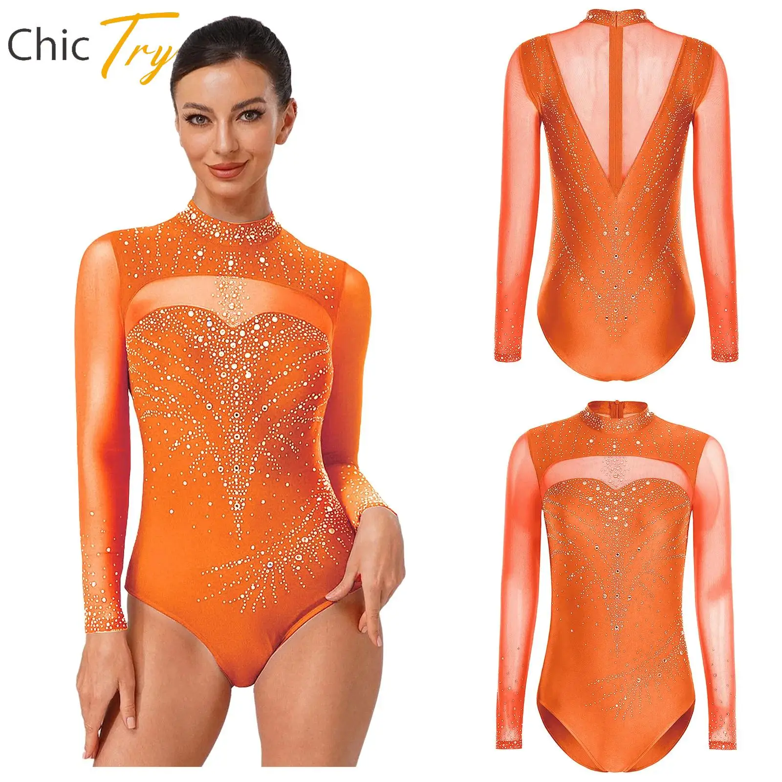 

Women Figure Skating Jumpsuit Mock Turtleneck Long Sleeve Rhinestone Ballet Dance Leotard Artistic Gymnastics Performance Outfit