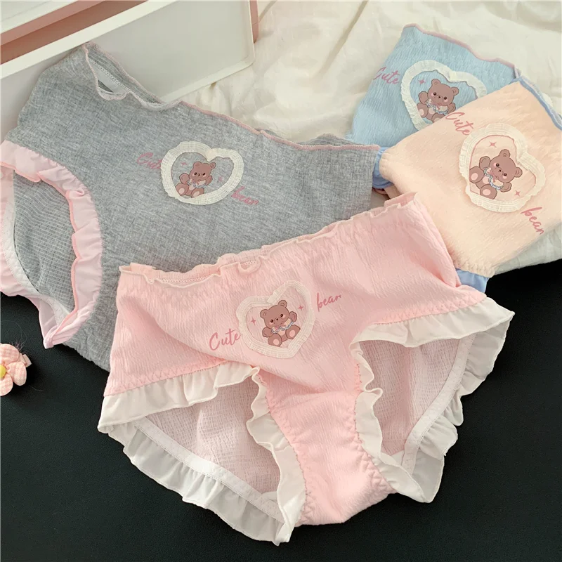 Japanese Kawaii Lolita Princess Ruffles Briefs ABDL Cartoon Bear Print Panties Large Size Adult Underwear Sweet Cute Lingerie
