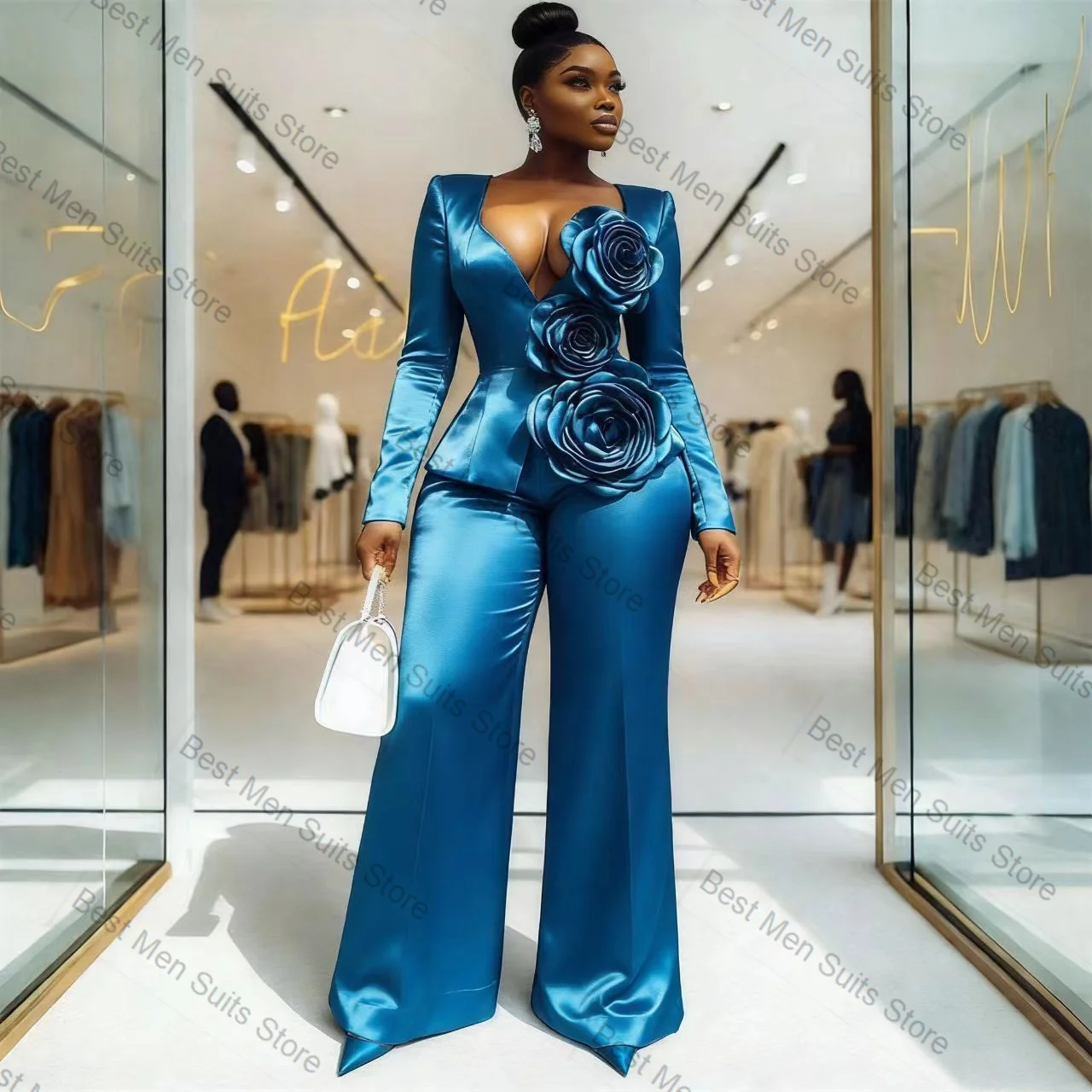 

Blue Satin Women Suit Set 2 Pcs Blazer Pants Trousers 3D Flower Formal Office Jacket Customized Wedding Tuxedo Guest Coat
