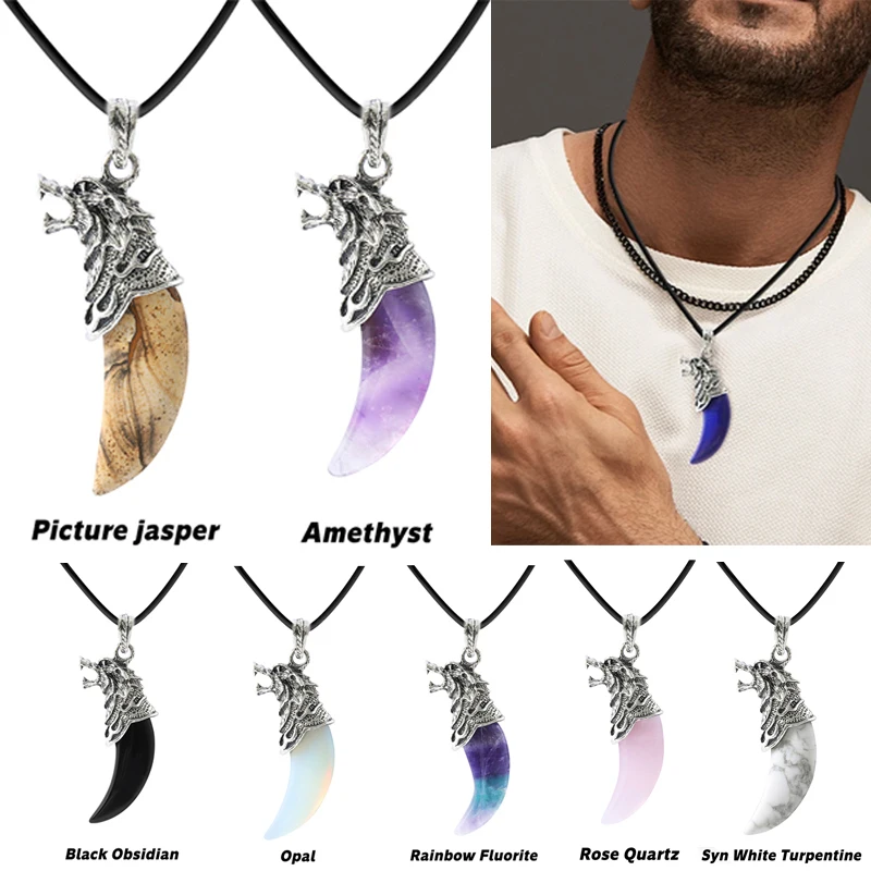 Wolf Tooth Pendant Necklace with Rose Quartz & Amethyst