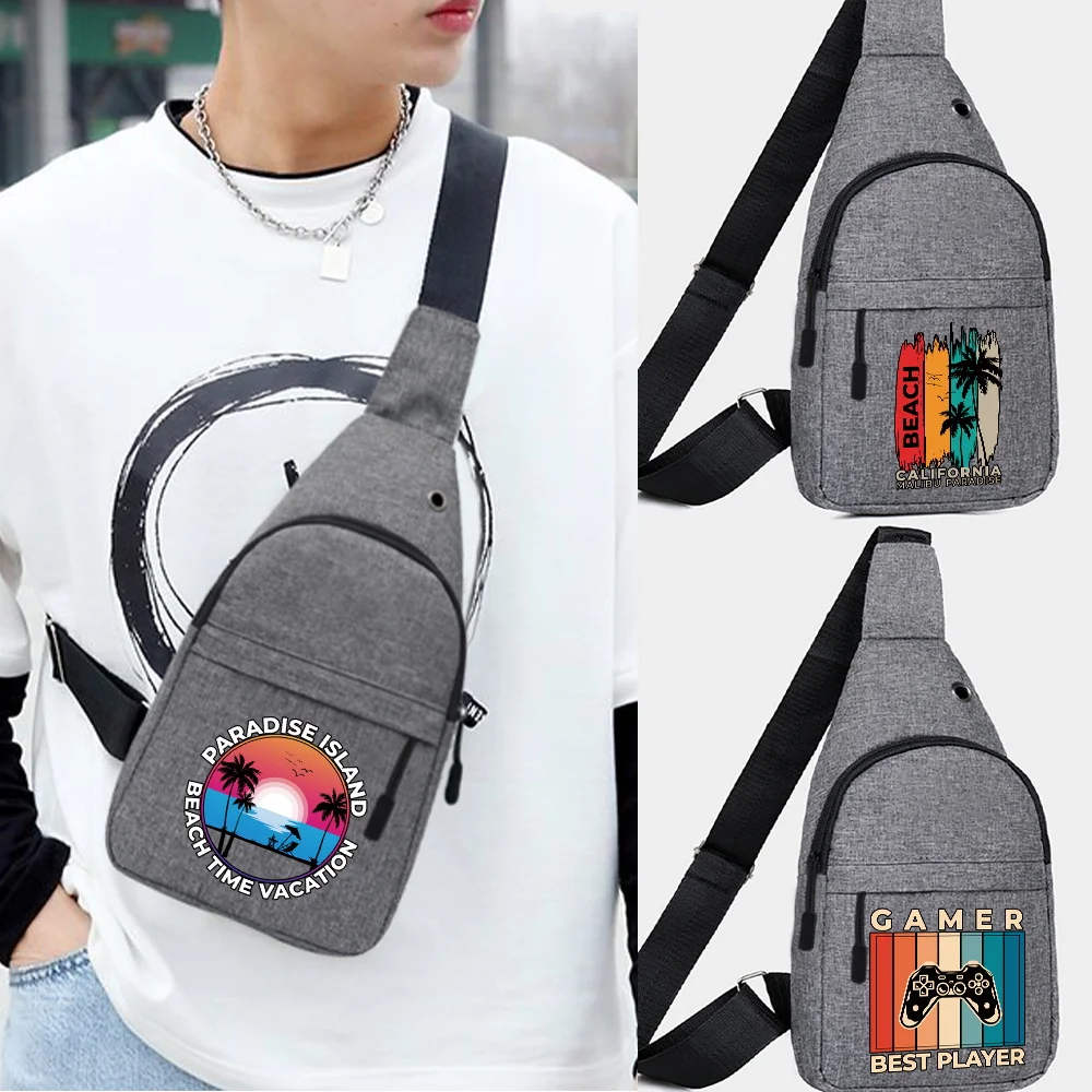 New Men Chest Bags Casual Waist Bags USB Charging Earphones Cable Hole Crossbody Bags Shoulder Canvas Waist Packs Sling Bag