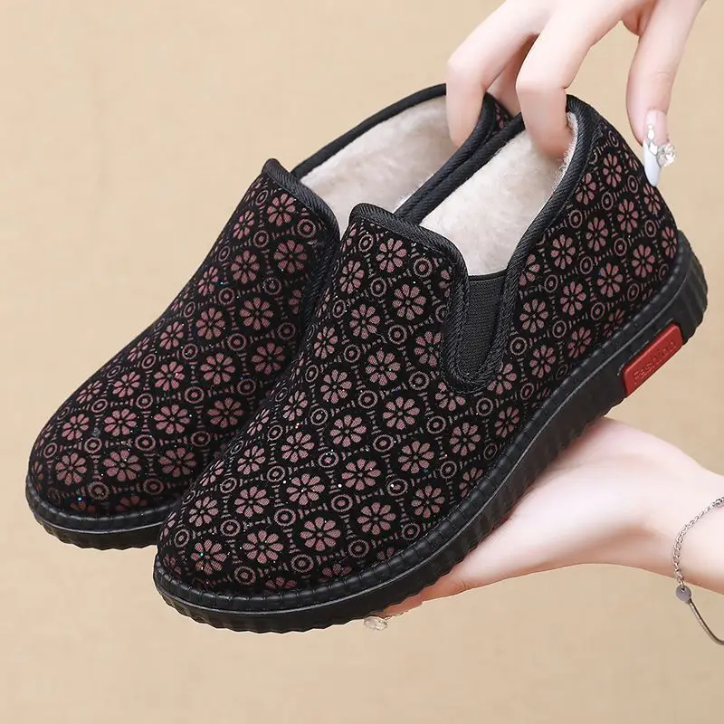 Women Winter Fleece‑Lined Slip‑on Snow Boots Floral Print Non‑slip Thick‑soled Warm Elderly Ladies Casual Ankle Winter Shoes
