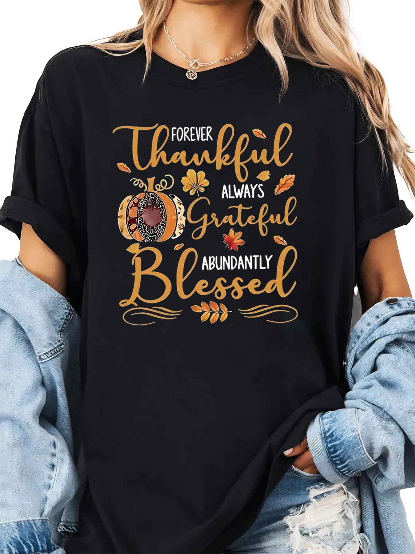 감사하고 풍요로운 풍미를 담은 호박 프린트 추수감사절 티셔츠 여성 캐주얼 가을 축제 블랙 플러스 사이즈