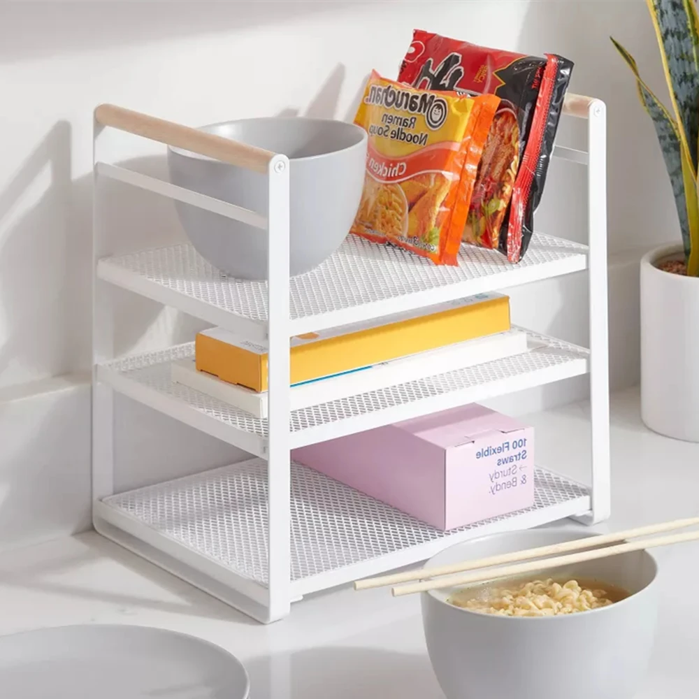 

3 Tier Adjustable Shelf Organizer,Metal Pantry Kitchen Cabinet Organizer with Wood handles,Iron Storage Shelf Riser for Laundry
