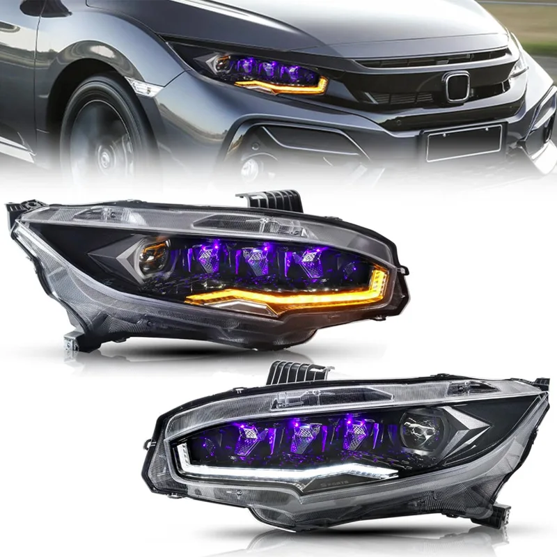 Suitable for 2016-2022 Honda Civic 10th generation LED headlights, rotating star diamond headlights, purple light