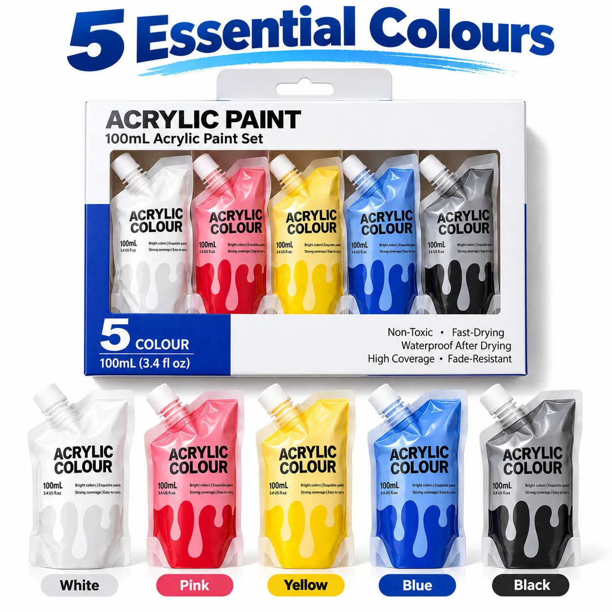5 Colors 100ml Acrylic Paint Set Fast Dry Waterproof Pigment for DIY Gypsum Doll Canvas Rock Hand Painting Graffiti Art Supplies