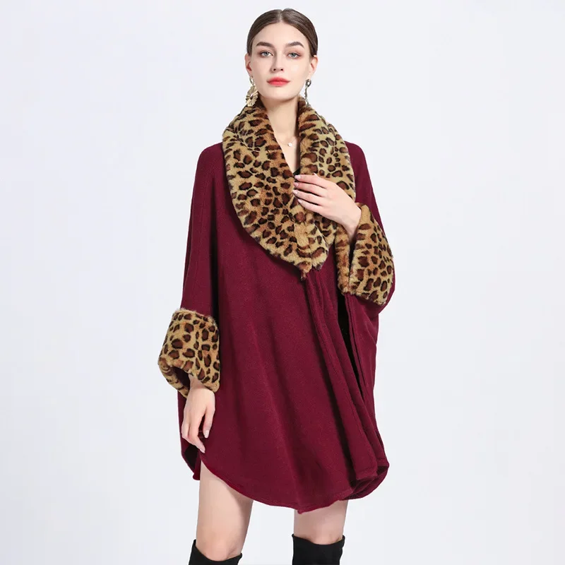 

Custom Made Women Loose Leopard Faux Fur Neck Knitted Cardigan Cloak Poncho Cape Winter Warm Thick Bat Sleeves Overcoat