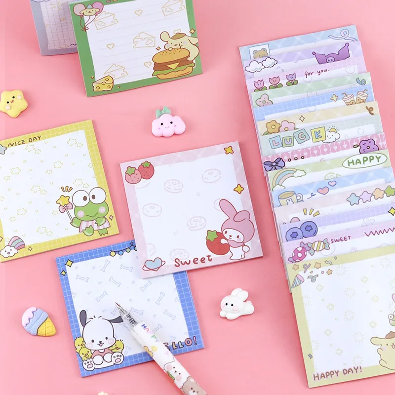 

4PCS/Set Kawaii Anime Hello Kittys Card Pochaccos Cinnamorolls Kuromis Melodys Roll Student Memo Note Book Office Message Post