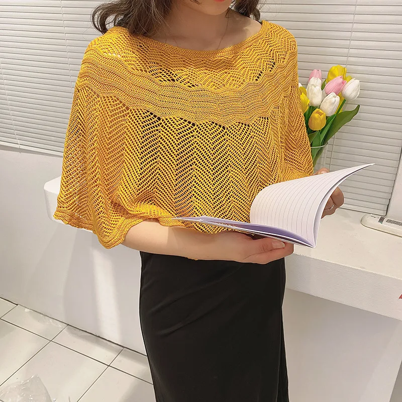 Spring Summer New Pullover Sunscreen Shawl Women Hollowed Out Shawl Air Conditioning Room Solid Color Knitted Cloak Capes Yellow