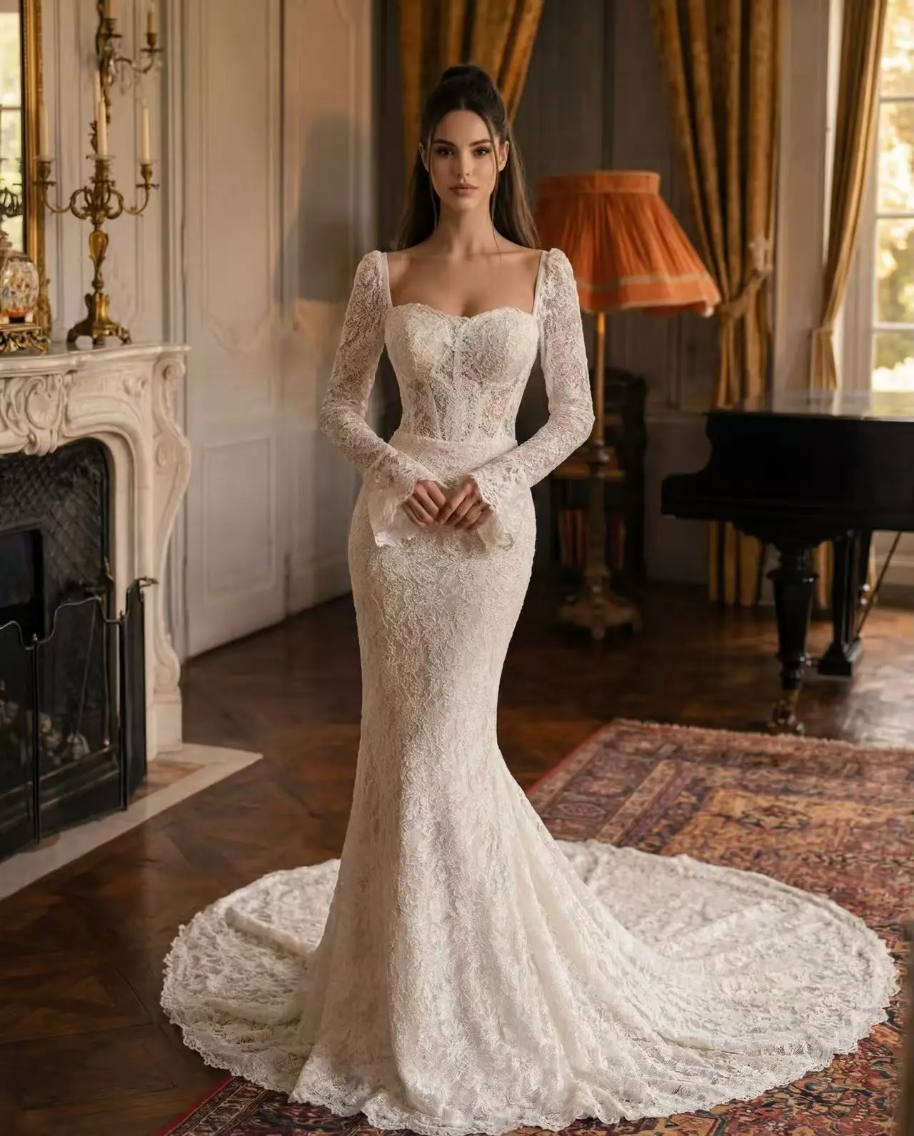 Vintage Square Neck Mermaid Bridal Gown Long Flare Cuff Lace Sleeves Corset Full Lace Wedding Dress Chapel Train Custom Made