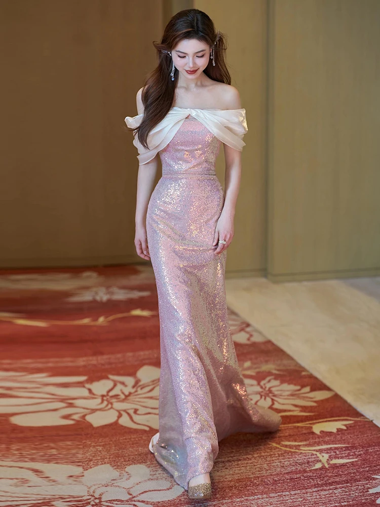 

Ele Pink Evening Gown One oulder Wedding Dr Fi Tail Skirt for Women Par Banquet Performance Long Polyester Fiber