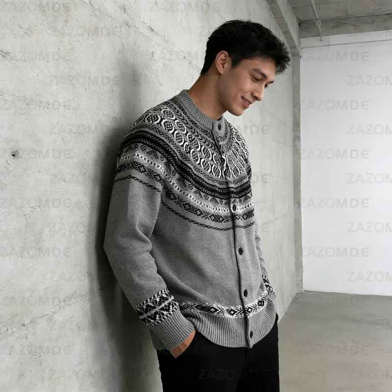 ZAZOMDE Men's Knitted Henry Sweaters Luxury Christmas Fair Island Long Sleeve Winter Jacket Pullover Japanese Vintage Knitwear