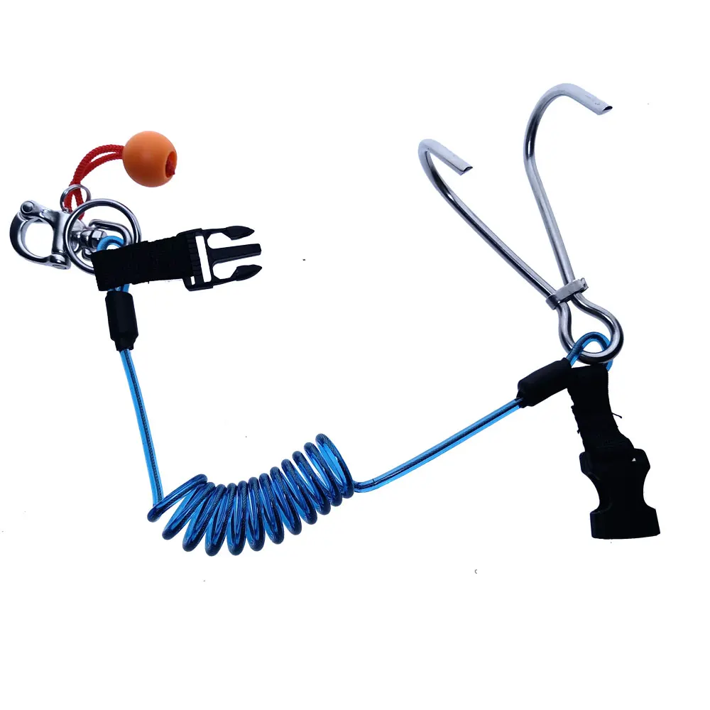 316SS Quick Releash Scuba Diving Double Drift Hook with Spiral Coil Lanyard Tech Cave Diving Current Reef Hook Diver Safety Gear