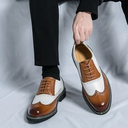 British leather shoes men match color white brown leather business casual Brock carved retro dress shoes for men