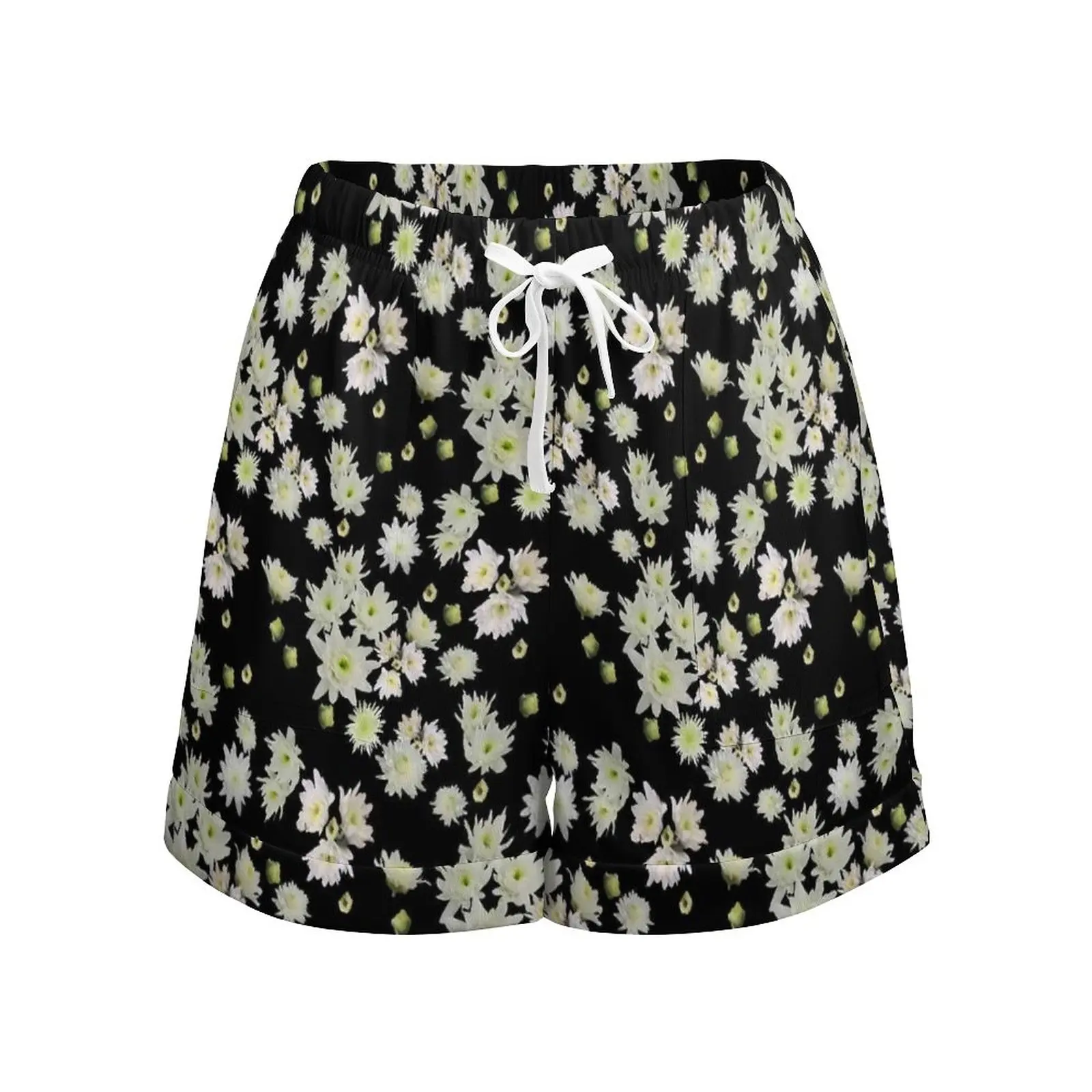 White Floral Shorts Lotus Flower Print Oversized Casual Shorts Elastic Waist Kawaii Short Pants Female Y2k Print Pockets Bottoms