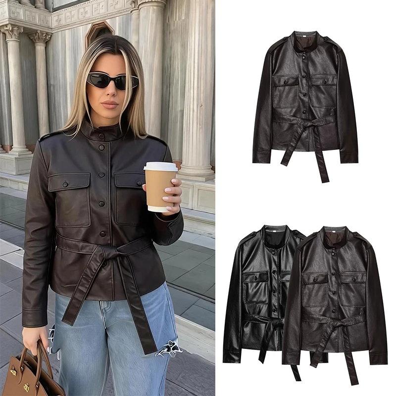 Guobioziy Women's Faux Leather Jacket 2026 Spring and Autumn New Arrival Solid Color Design French Casual Trendy Street Style