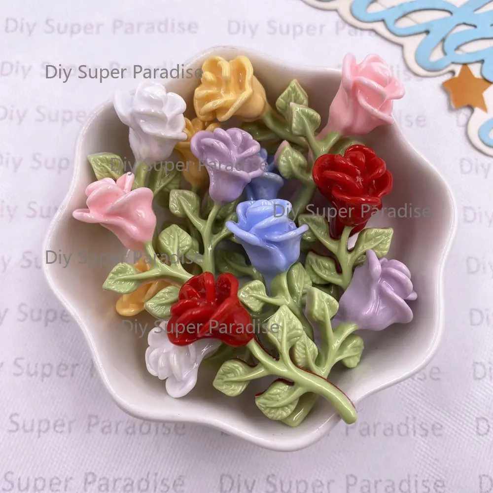 Resin Kawaii Colorful Painted A Rose Flower Figurine Flatback Stone 10PCS Scrapbook DIY Wedding Decor Crafts Jewelry Accessories