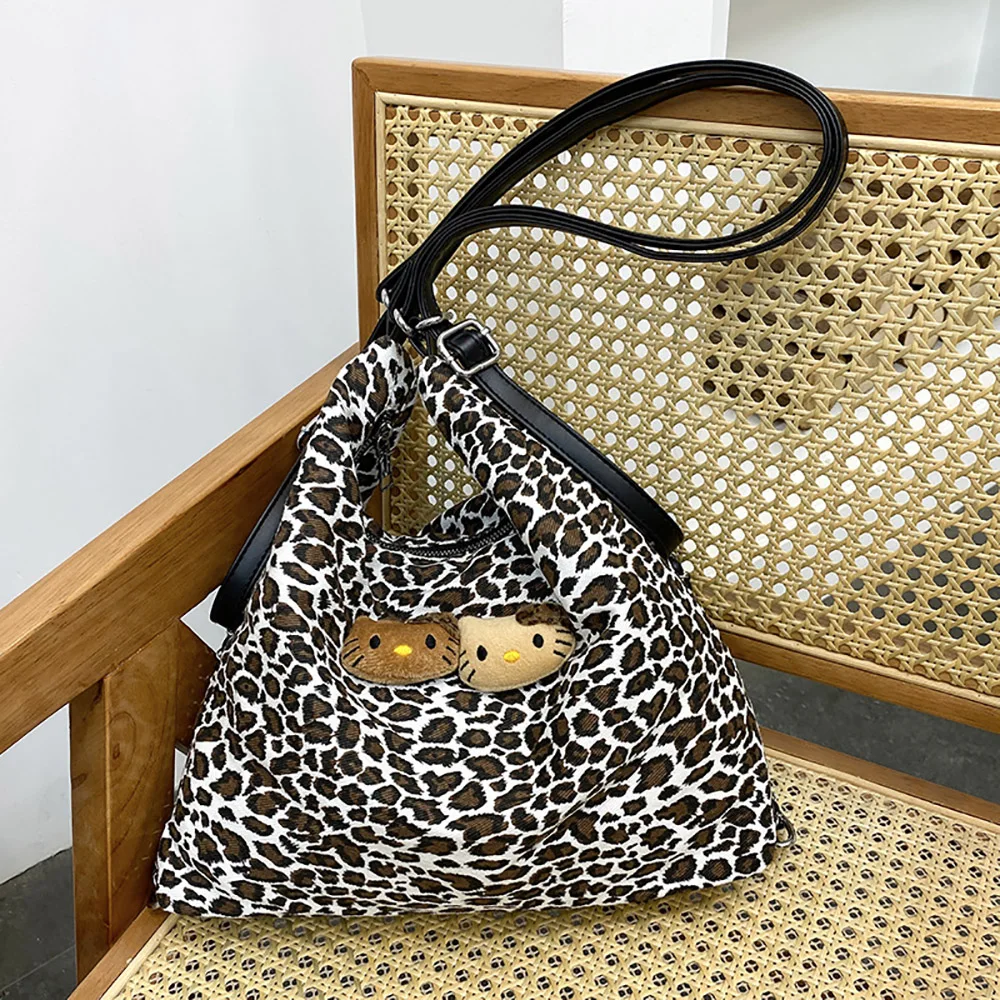 Sanrio Hellokitty Leopard Shoulder Bag Fashion College Student Schoolbag Casual All-Match Satchel Commuter Tote Handbag Backpack