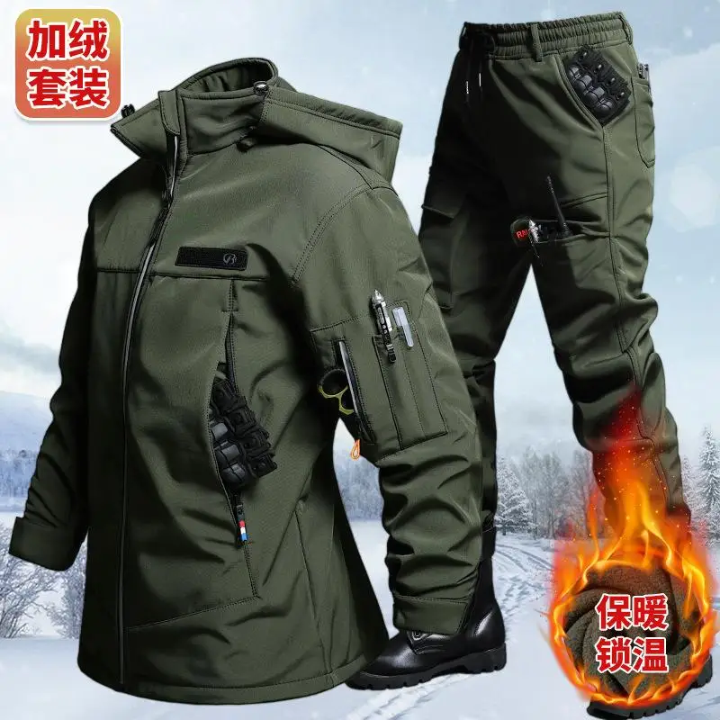 Autumn And Winter Velvet Waterproof Tactical Jacket And Pants Set For Men's Cycling Hiking Camping Adventure Clothing