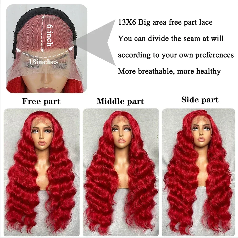 X-TRESS Red Colored Synthetic Long Wave Lace Front Wigs For Women 13X6 Free Part Lace Frontal Hair Wig With Natural Baby Hair