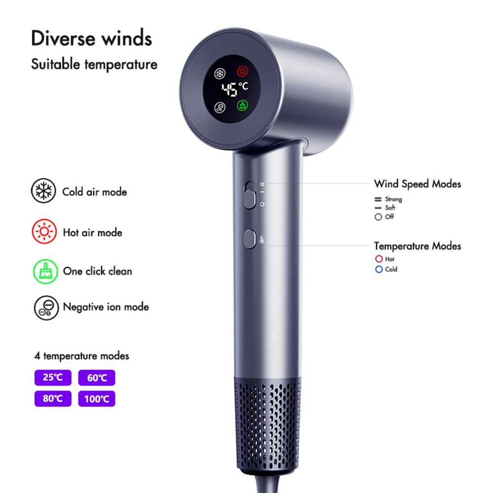 26m/s 110000 Rpm Professional Negative Ion Hair Dryer High Speed Low Noise LED Light Temperature Display Fast Drying Blow Dryer