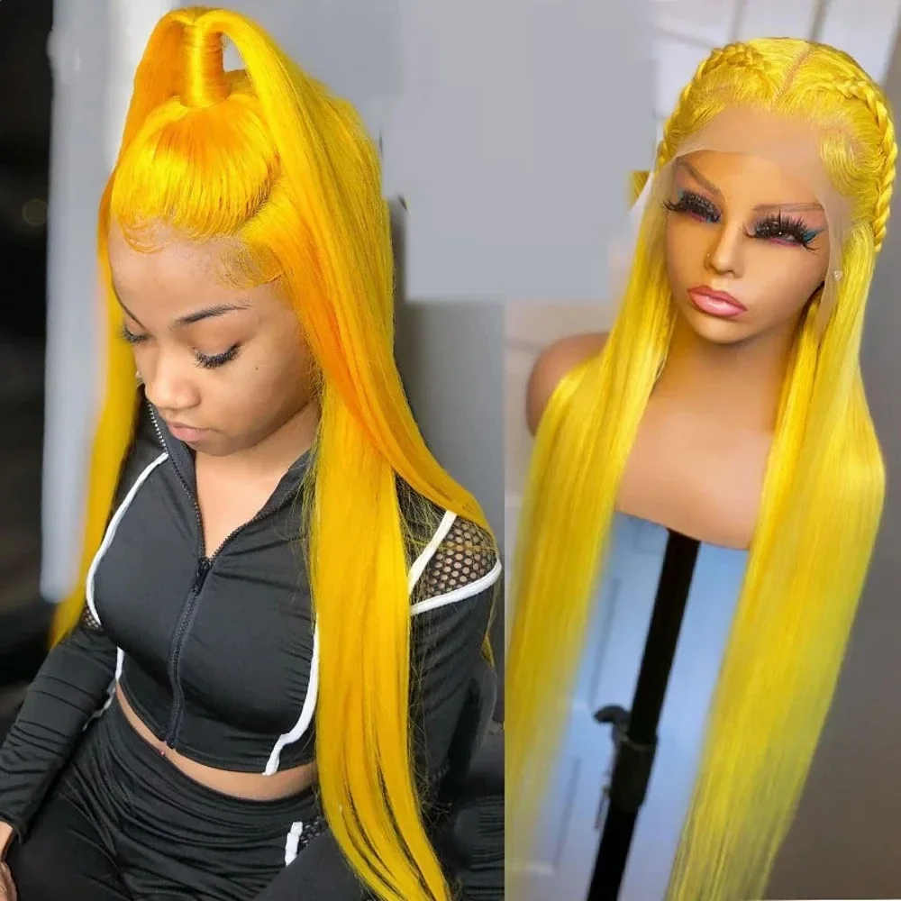 Yellow Straight  26Inch Long  Natural 180Density Preplucked Lace Front Wig For Women BabyHair Heat Resistant Glueless Daily Wig