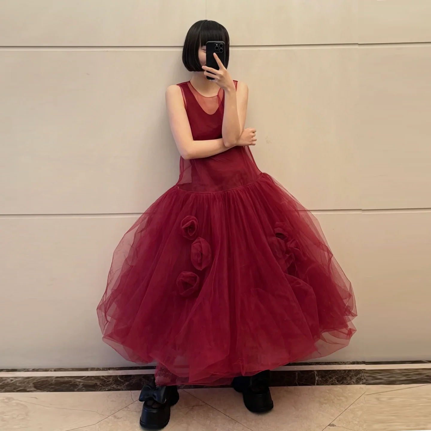 

Lolita Style Maxi Dresses Ankle Length Sleeveless Burgundy Floral Tulle Dress Puffy Layered A Line Prom Gowns Lush