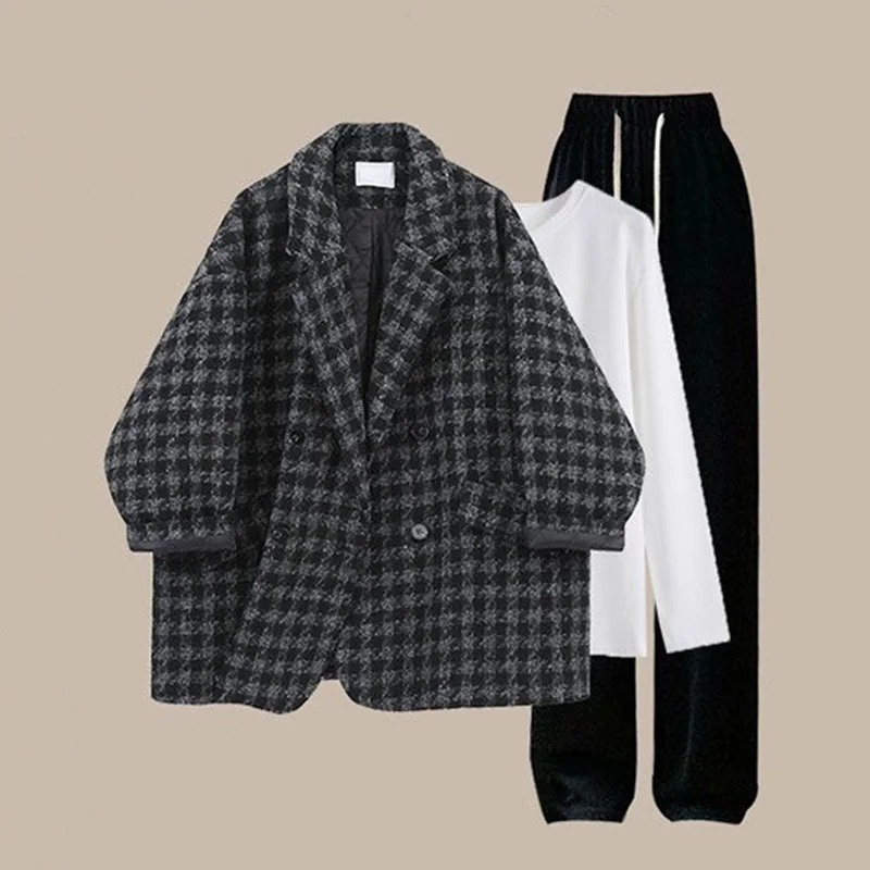 Autumn High Quality Plaid Coat Women\'s 2024 New Fashionable Loose Coat Bottom Top Casual Pants Three Piece Set Clothes for Women