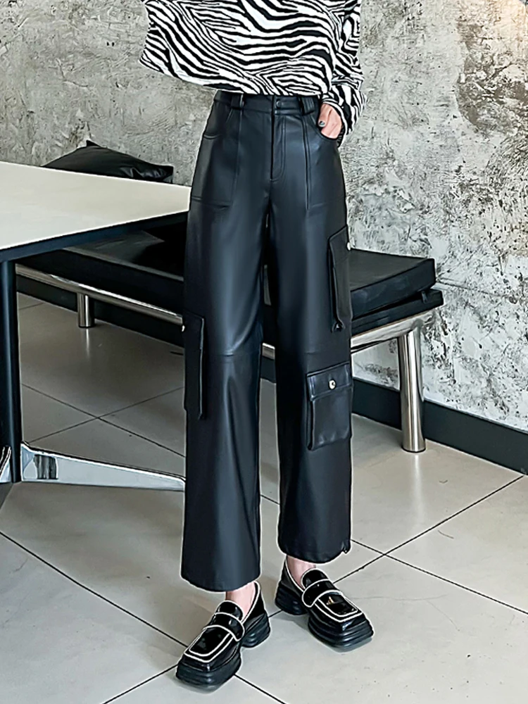 

Adjustable hems wide leg leather pants for Women genuine leather pants Sheepskin loose safari style Radish pants Y4443