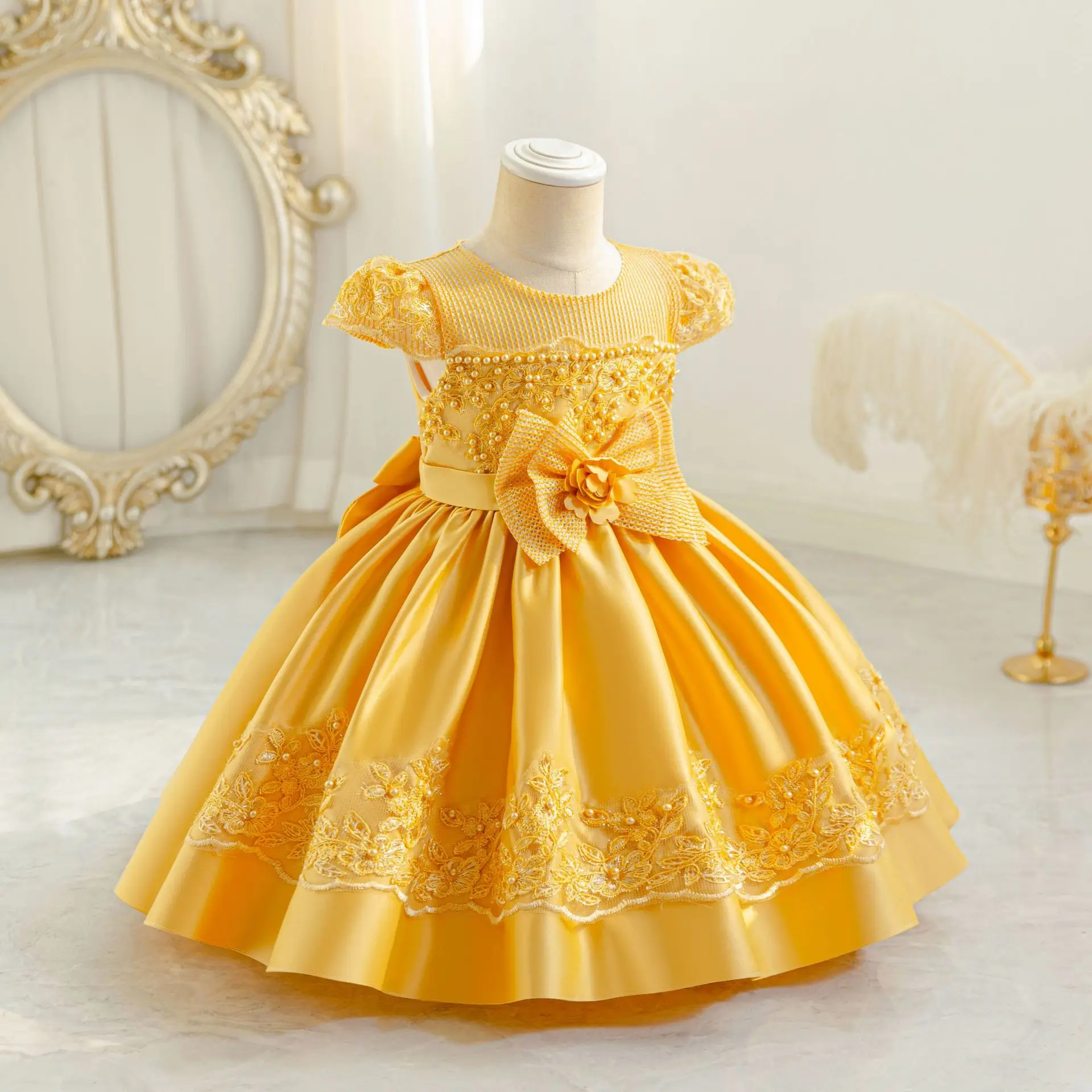 girl-birthday-party-dress-pearls-vintage-girls'-princess-dresses-child-yellow-clothing