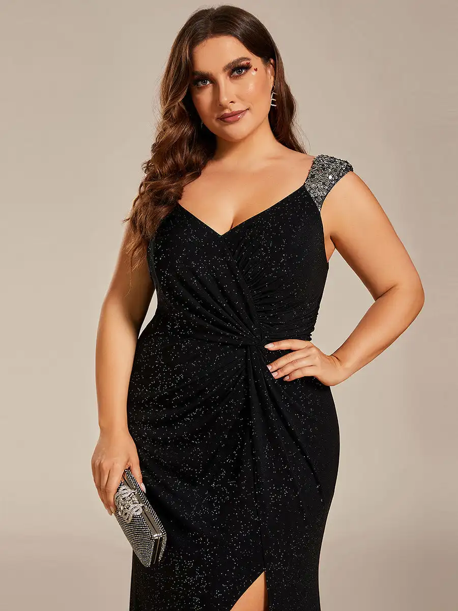 Ever azole-robe de soirée noire brillante, grande taille, décolleté en V plongeant, dos nu, paillettes, fente au sol, robe de demoiselle d'honneur, 2024