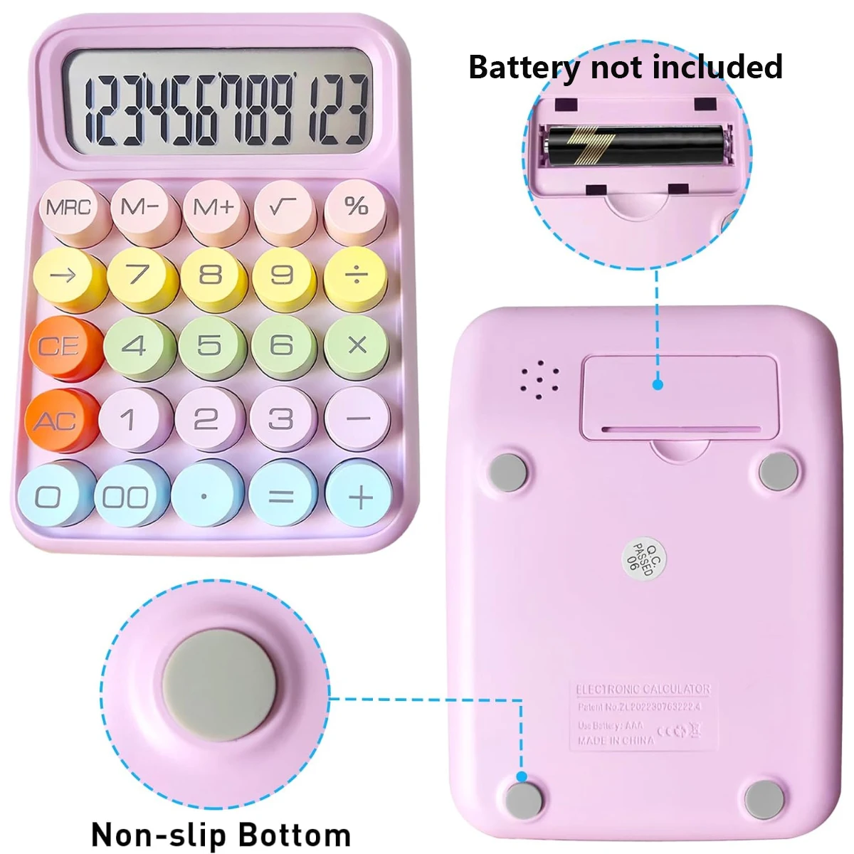 Cute 12 Digit Large LCD Display Big Round Button Mechanical Calculator Use as Office Calculators Desktop 15°Tilt Screen for Kids