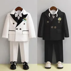 Boy Formal Suit Flower Children Wedding Dress White Baby First Birthday Set Infant Performance Costume Kids Blazer Pants Outfits