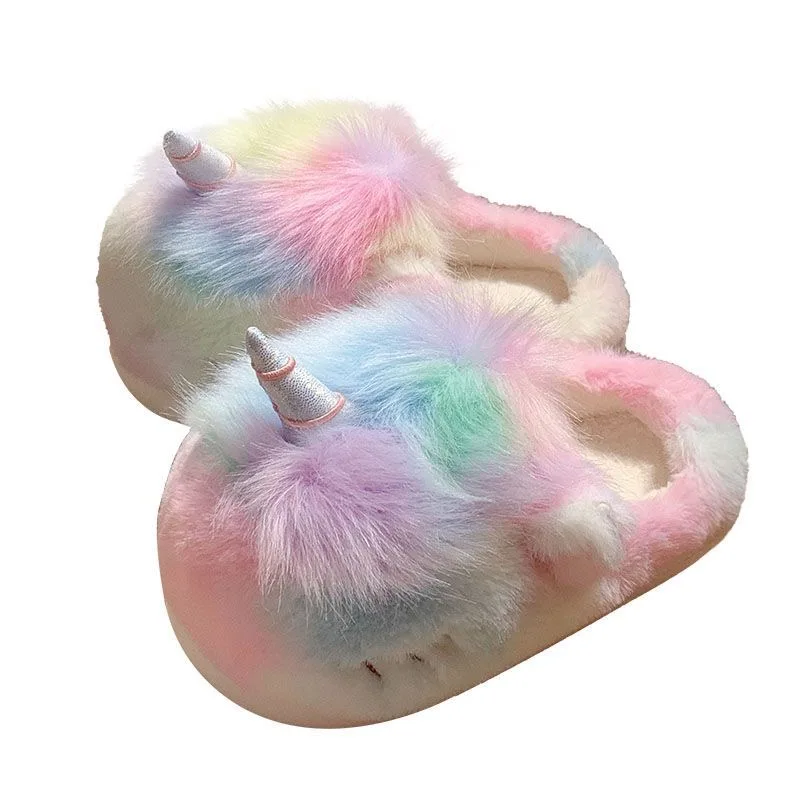 Cute Unicorn Winter New Women Slipper Soft Heel Platform Fur Warm Indoor Comfortable Home Fluffy Home Slippers