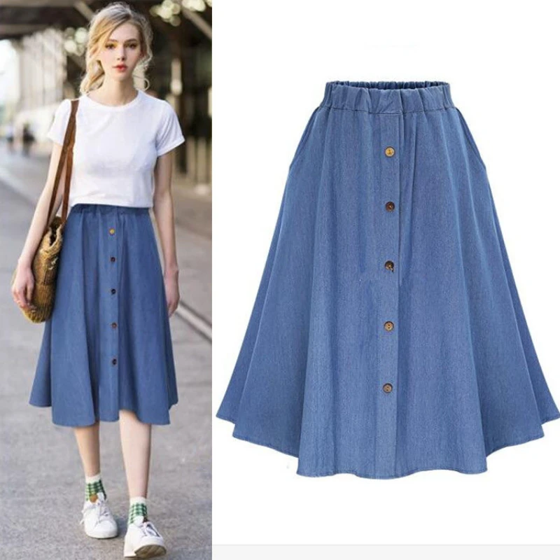 

Blue Knee-Length Skirt Feminine Preppy Style Cotton Denim Skirt Women A-Line Skirts Elastic Waist Loose Casual Midiskirt Fashion