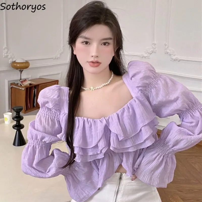 

Ruffles Blouses Women Flare Sleeve Crop Tops Ulzzang Sweet Spring Solid Simple Cozy Square Collar Preppy Style Casual All-match