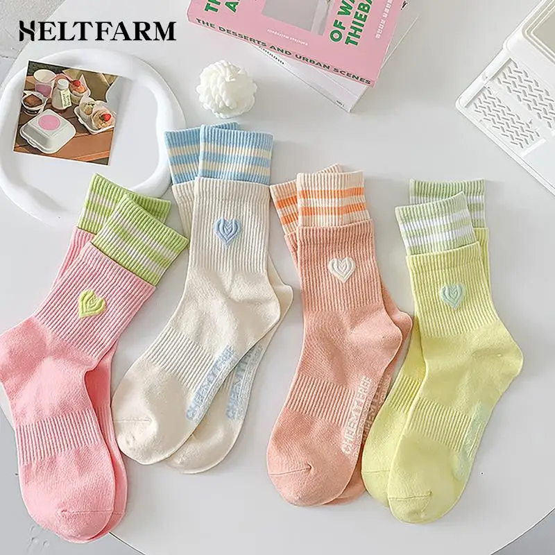 Japanese Sweet Style Women Socks Macaroon Color Love Heart Embroidered Cotton Sock Harajuku Striped Calcetines