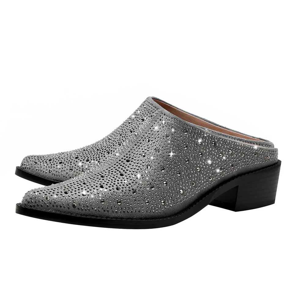 Full Rhinestone Pointy Toe Shoes Shallow Half Slipper Chelsea Shoes Square Chunky Heel Heightened Leather Shoes New Casual Shoes