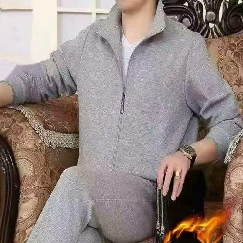 

Leisure sports suit men's spring, autumn, and winter new styles, plus plus plush running clothes, warm jacket