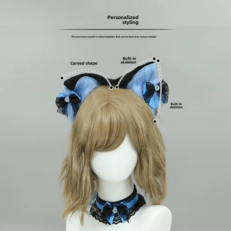 Handmade Lolita Animal Ear Tail Accessory Lace Headdress Collar Cat Ear Headband Cat Tail Suit Cosplay Accessories